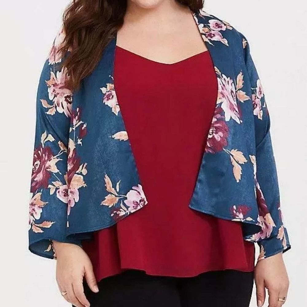 Torrid blue floral satin silky cardigan shawl